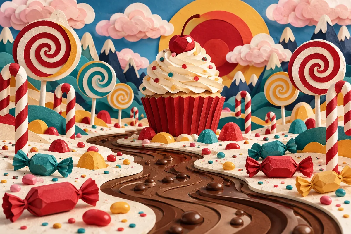 Țara dulciurilor din hârtie decupată, cu acadele spiralate, un cupcake cu cireașă, un râu de ciocolată și bomboane colorate