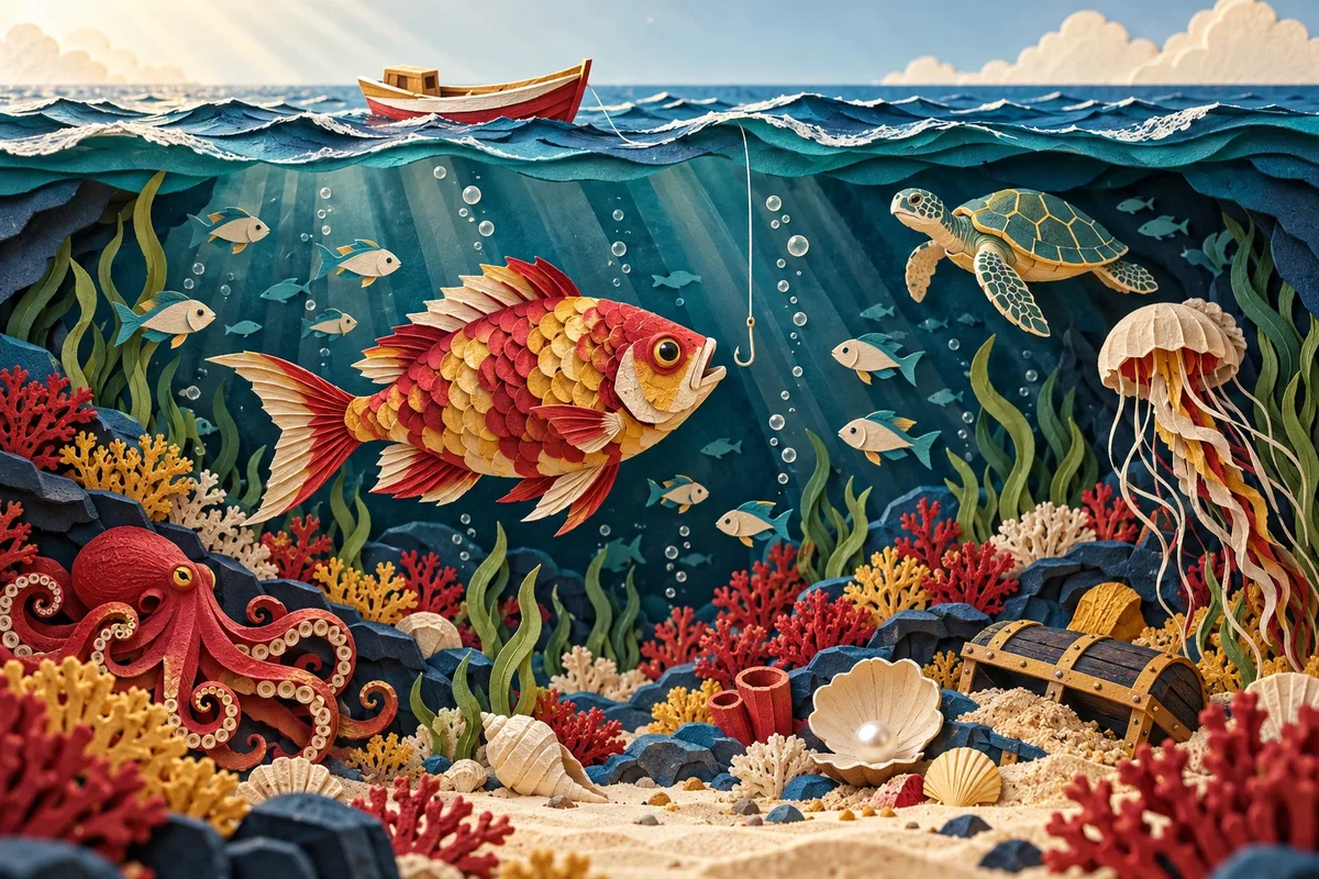 Secțiune prin ocean din hârtie decupată, cu o barcă la suprafață, un pește mare lângă cârlig, o țestoasă, o meduză, o caracatiță și corali