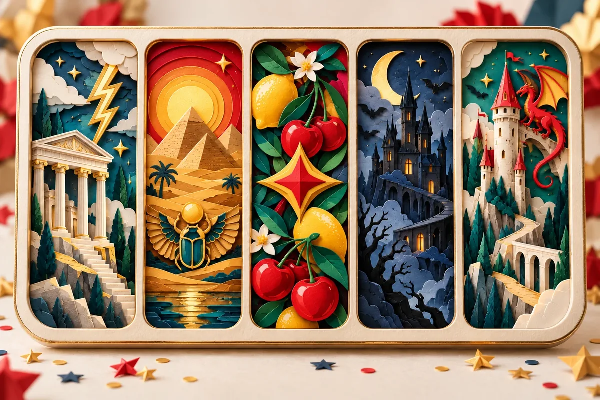 Cinci role înalte din hârtie decupată, fiecare cu altă temă de slot: templu grecesc, piramidă egipteană, fructe, castel întunecat și turn cu dragon